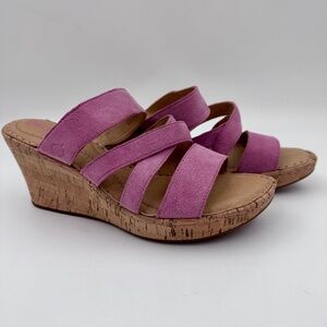 NWOB Born Women's Zemora Pink Suede Strappy Slip-On Cork Wedge Sandals  Size 10M